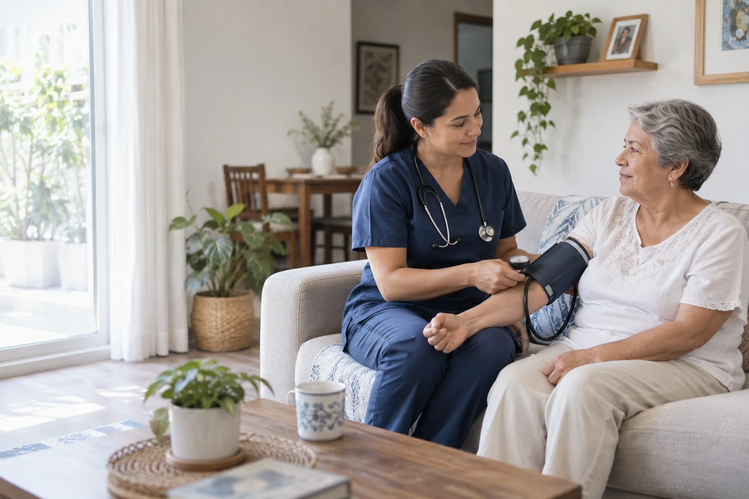 Profesional de salud atendiendo a una paciente en su hogar