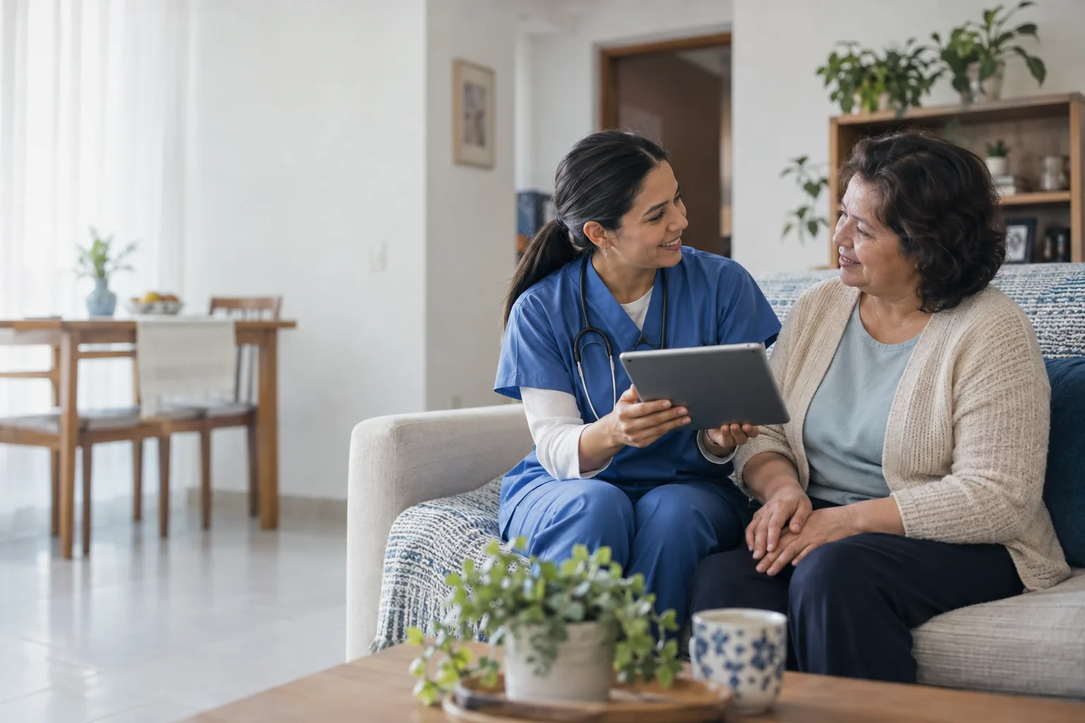 Profesional de salud usando una tableta durante una atención domiciliaria